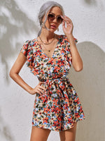 Allover Floral Print Tie Backless Ruffle Armhole Belted Romper