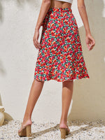 Allover Floral Print Ruffle Hem Wrap Belted Skirt