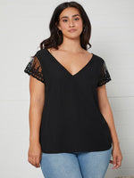 Plus Double V-neck Embroidery Mesh Top