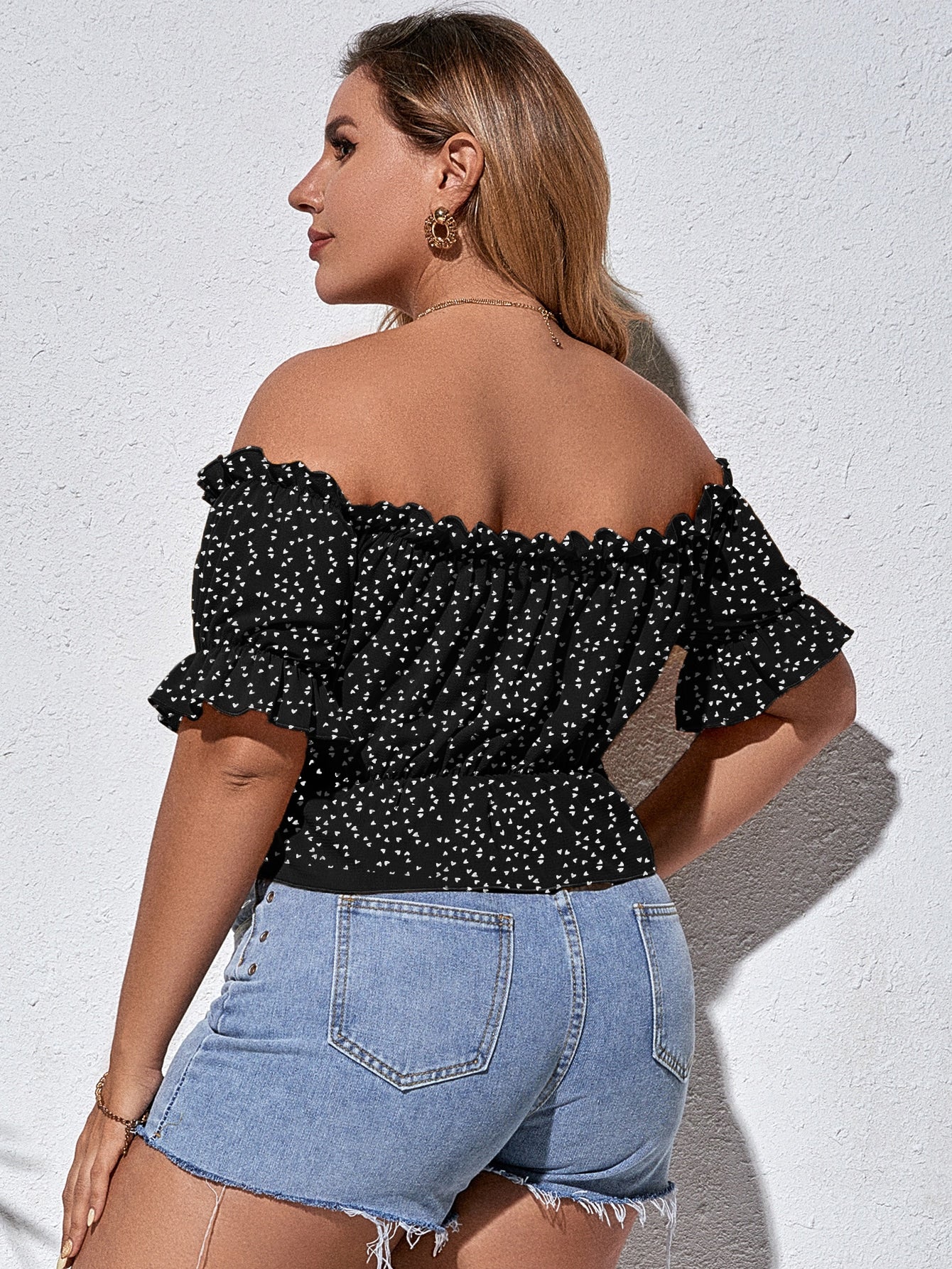 Plus Confetti Heart Print Bardot Peplum Blouse
