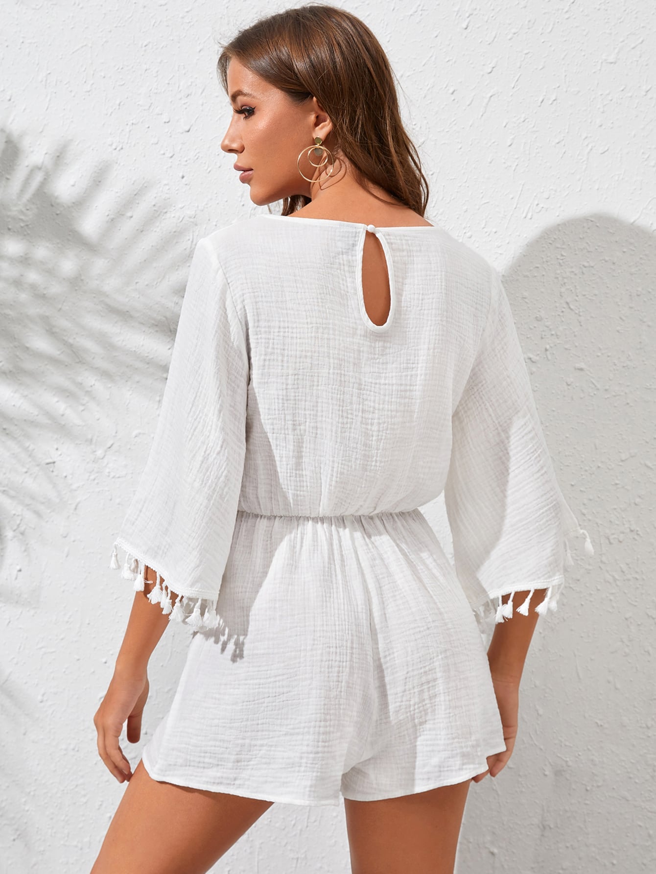 Contrast Guipure Lace Tassel Trim Keyhole Back Romper