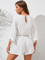 Contrast Guipure Lace Tassel Trim Keyhole Back Romper