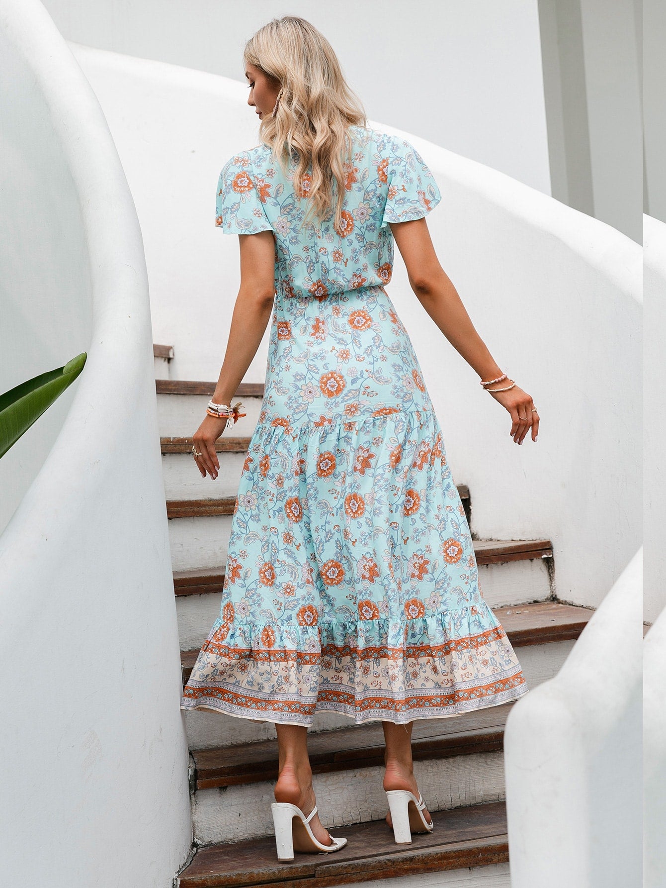 Simplee Floral Print Ruffle Hem Dress