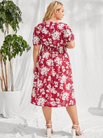 Plus Allover Floral Print Shirred Waist Split Hem Dress