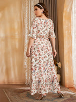 Plus Allover Floral Print Deep V-neck Ruffle Hem Dress