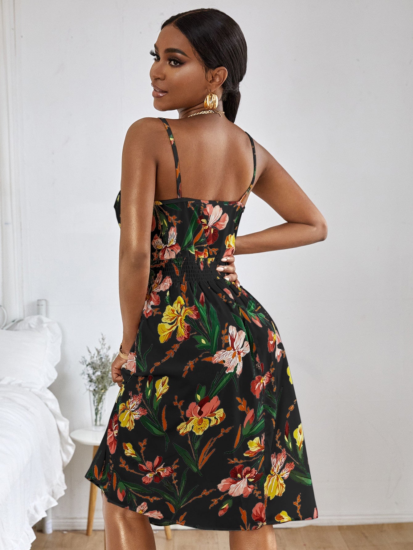 Floral Print Shirred Cami Dress