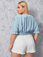 Plus Ruched Flounce Sleeve V-Neck Knot Hem Blouse