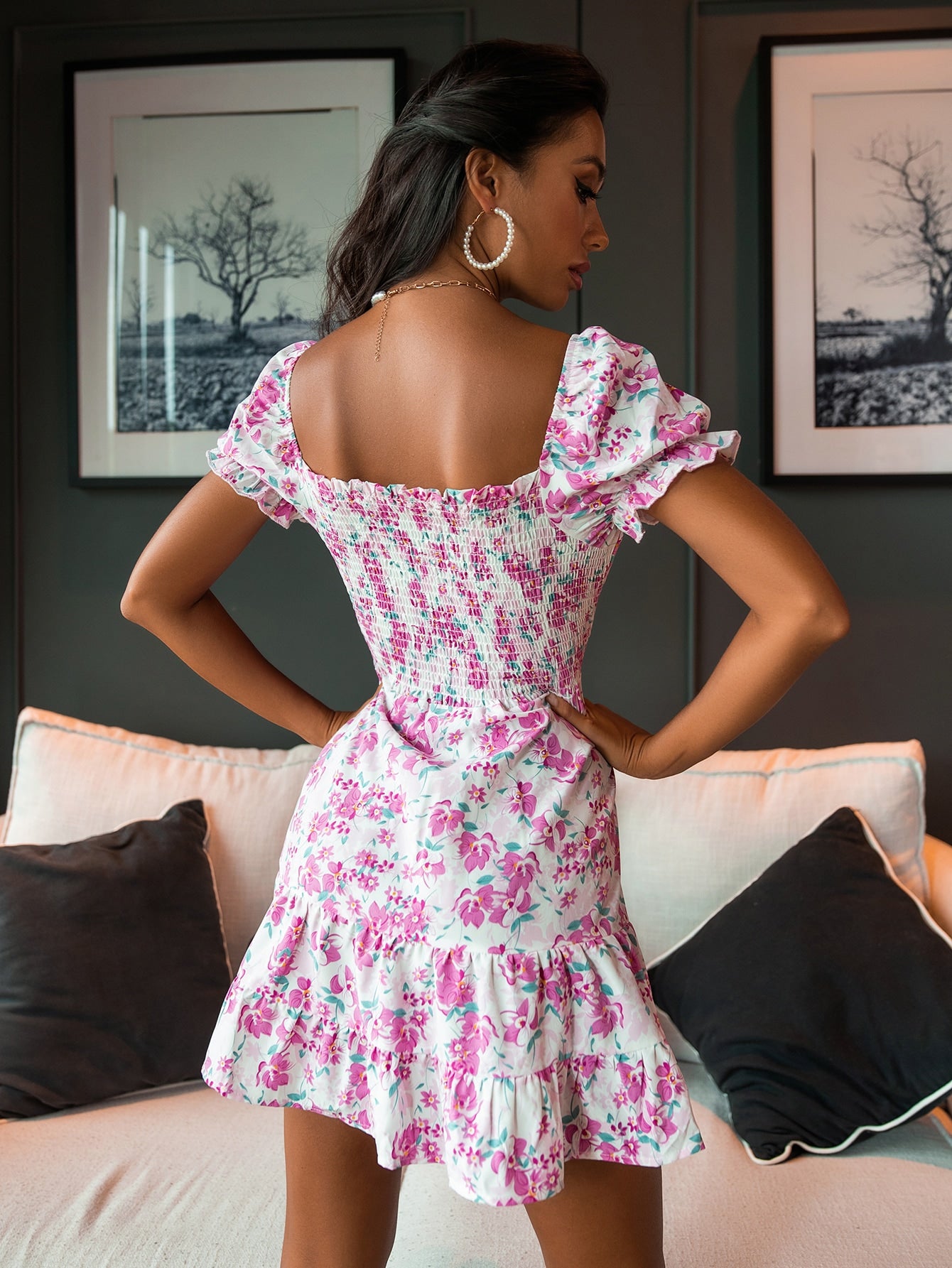 Allover Floral Flounce Hem Dress