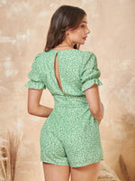 Puff Sleeve Split Back Ditsy Floral Romper