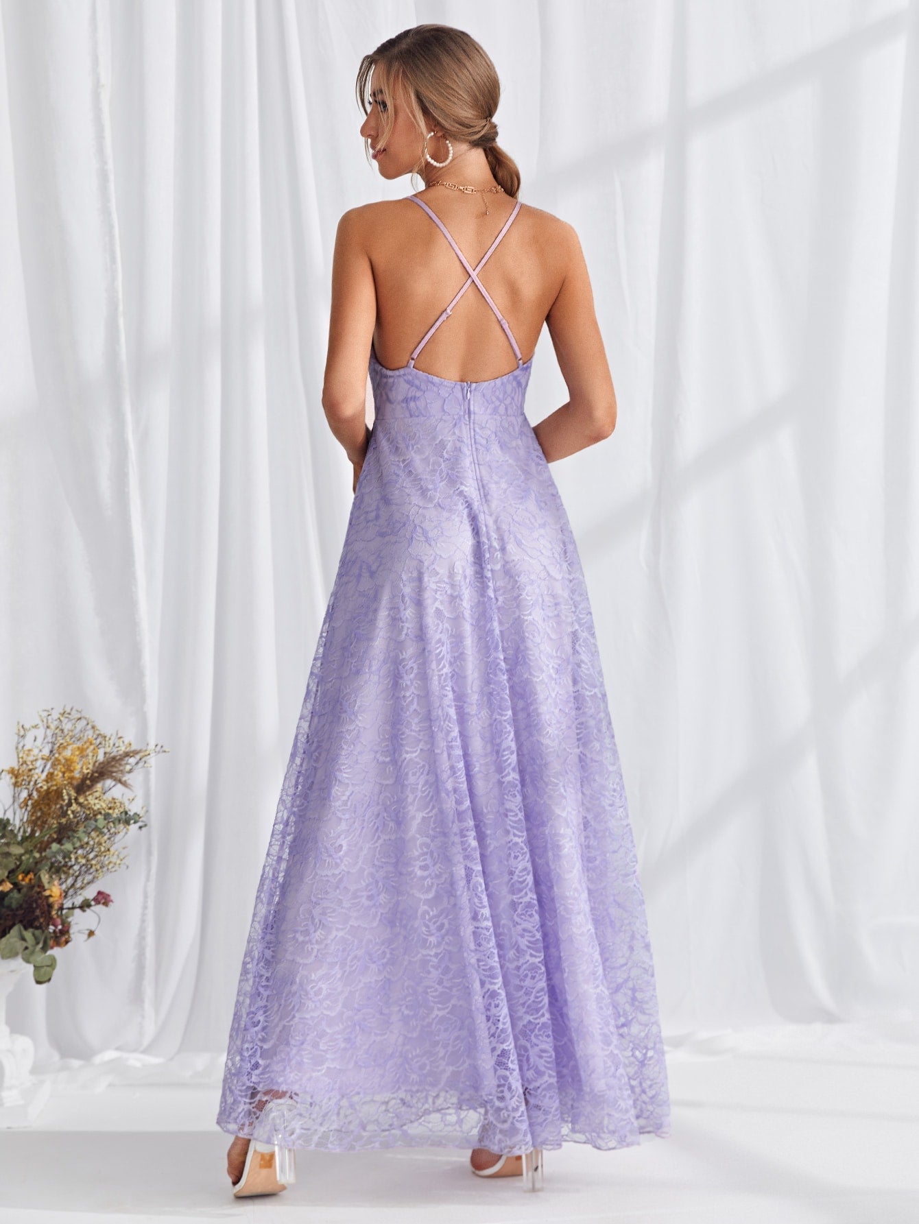 Crisscross Backless Lace Cami Dress