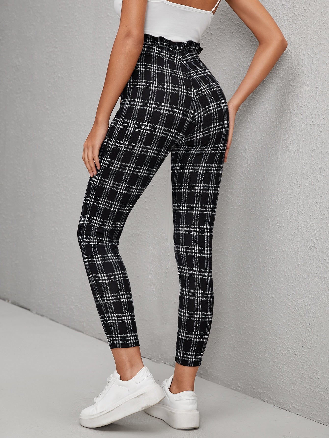 Plaid Knot Front Frill Trim Pants