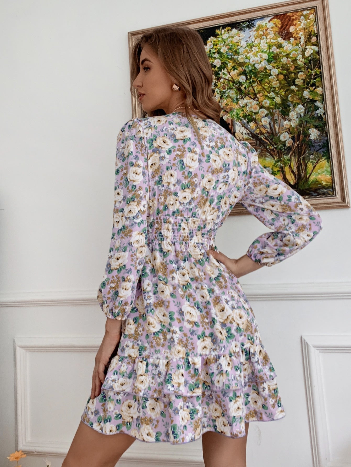 Allover Floral Print V Neck Shirred Waist Dress