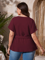 Plus Plunging Neck Asymmetrical Hem Belted Blouse