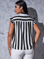 Plus Vertical Striped Tie Neck Ruffle Sleeve Blouse
