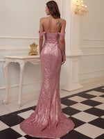 Missord Off Shoulder Mesh Panel Backless Mermaid Hem Sequin Dress