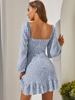 SBetro Ditsy Floral Print Backless Lantern Sleeve Dress