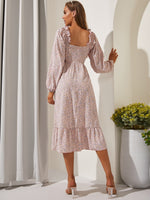 SBetro Ditsy Floral Ruffle Hem Frilled Square Neck Bishop Sleeve Dress