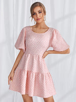 Tie Backless Lantern Sleeve Ruffle Hem Textured Dress