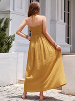 Rusttydustty Shirred Back Ruched Split Thigh Halter Dress