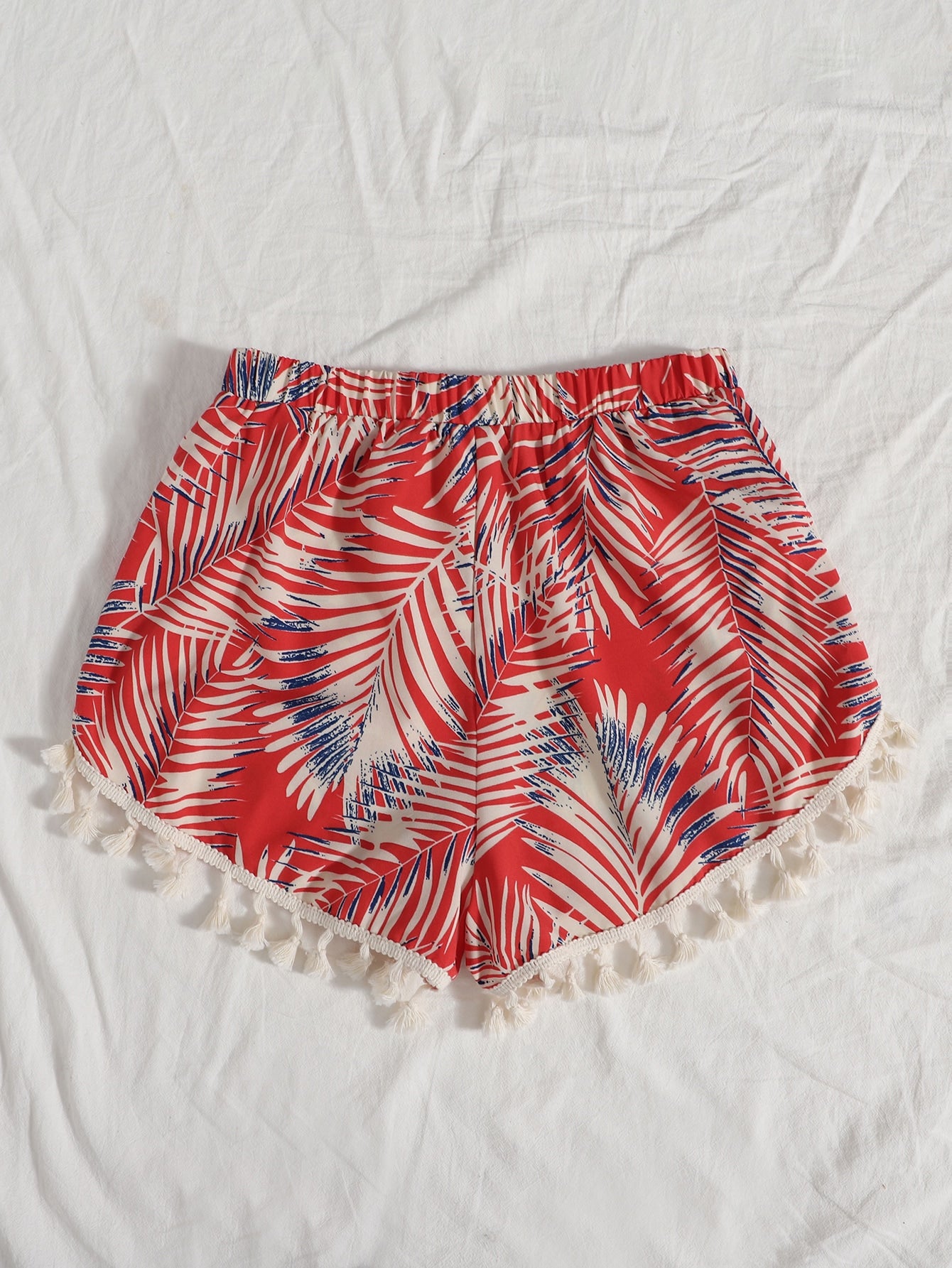 Tassel Trim Tropical Print Shorts