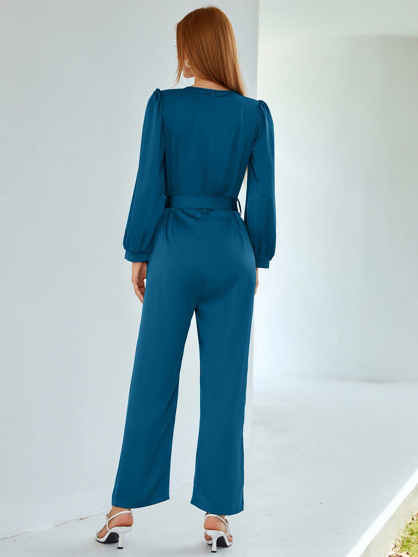 Solid Wrap Belted Wide Leg Jumpsuit