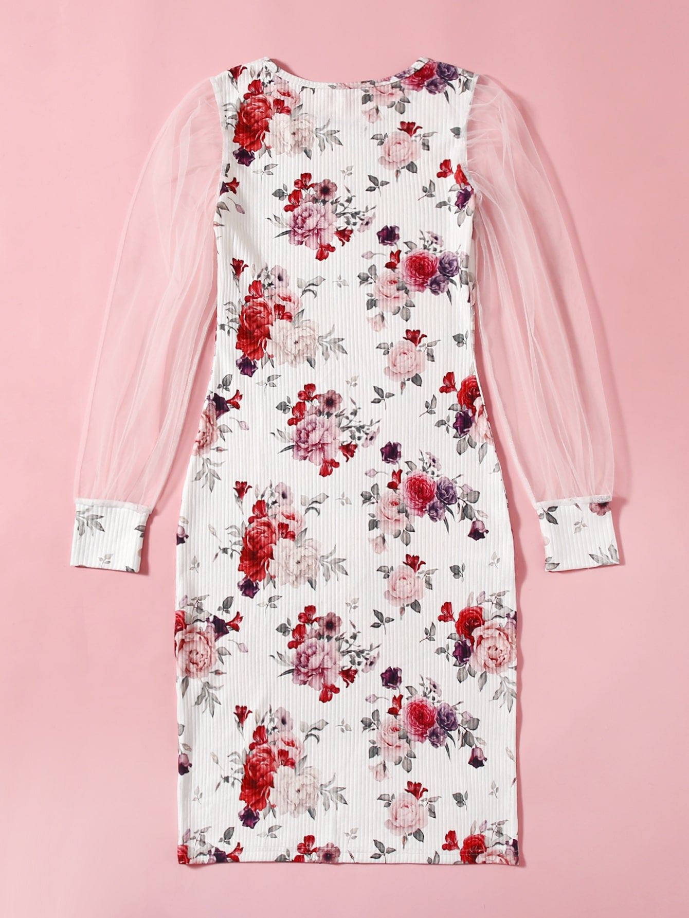Floral Print Rib-Knit Pencil Dress