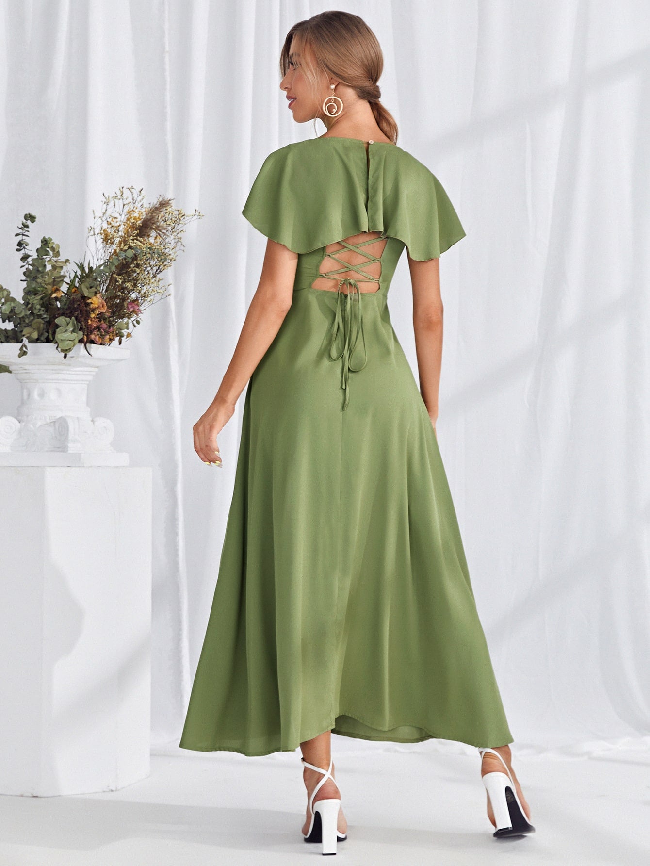 Solid Lace Up Back Dress