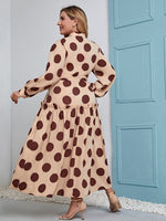 Plus Polka Dot Frill Trim Notch Neck Belted Dress