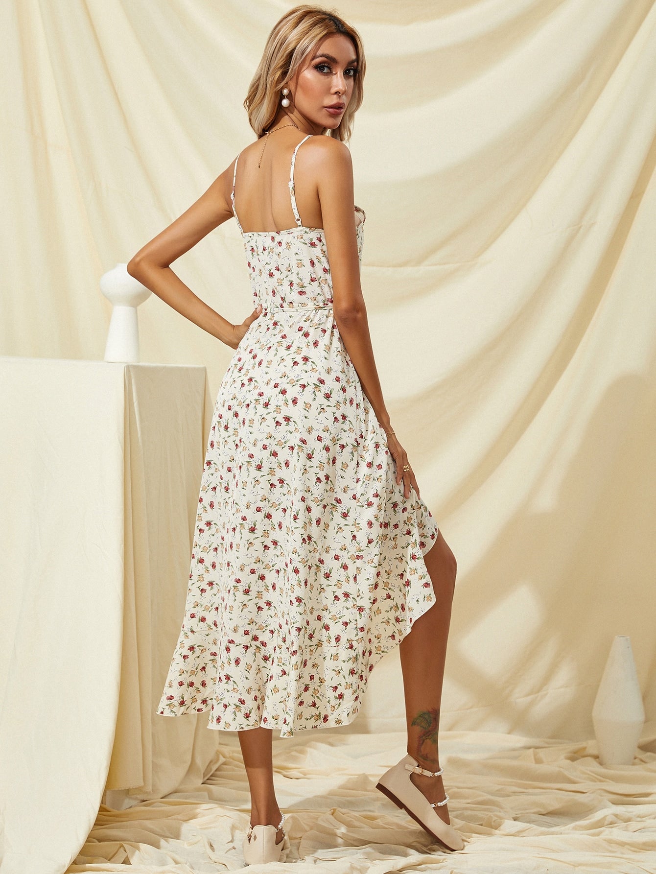 Ditsy Floral Print Ruffle Trim Wrap Cami Dress