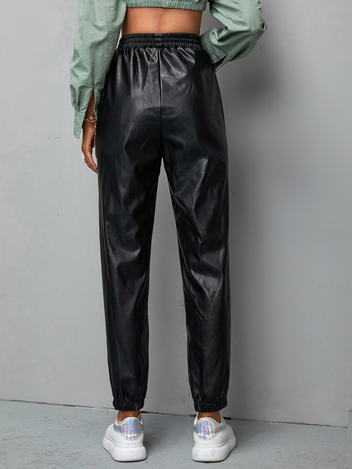Solid Elastic Hem Pocket Detail PU Pants