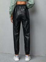 Solid Elastic Hem Pocket Detail PU Pants