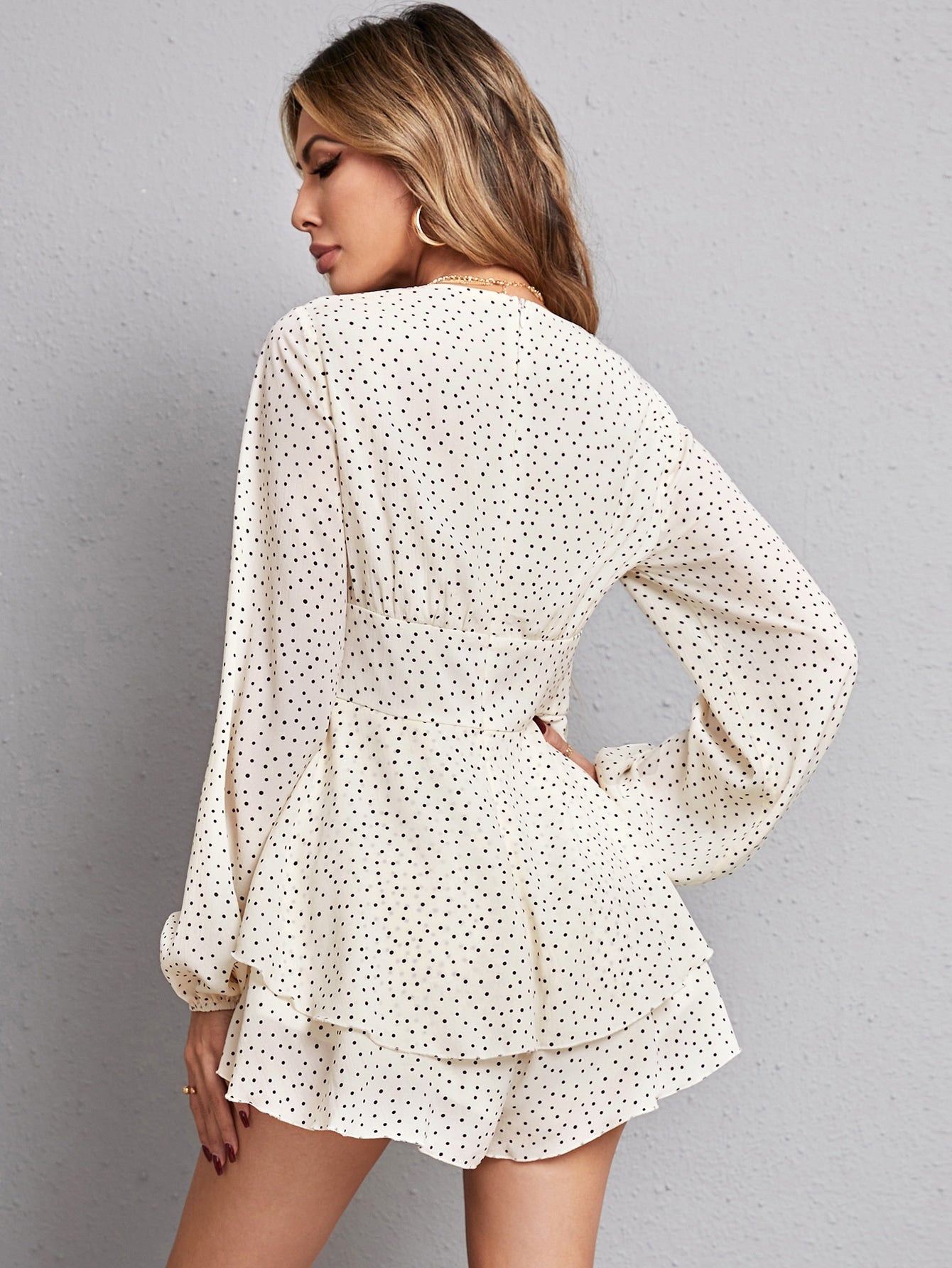 Polka Dot Lantern Sleeve Ruffle Peplum Overlay Romper