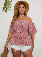 Plus Cold Shoulder Polka Dot Belted Blouse