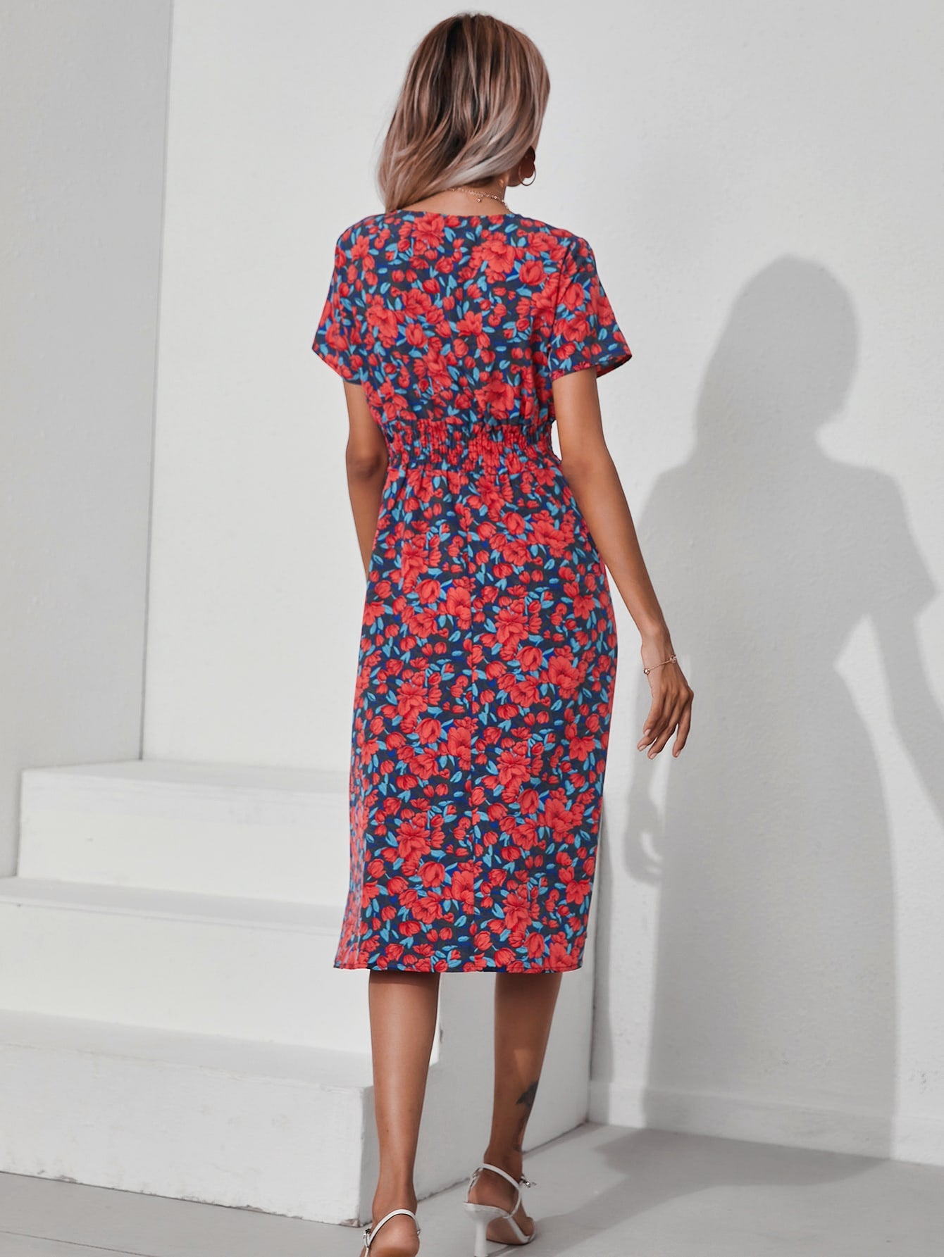 Allover Floral Shirred Wrap A-line Dress