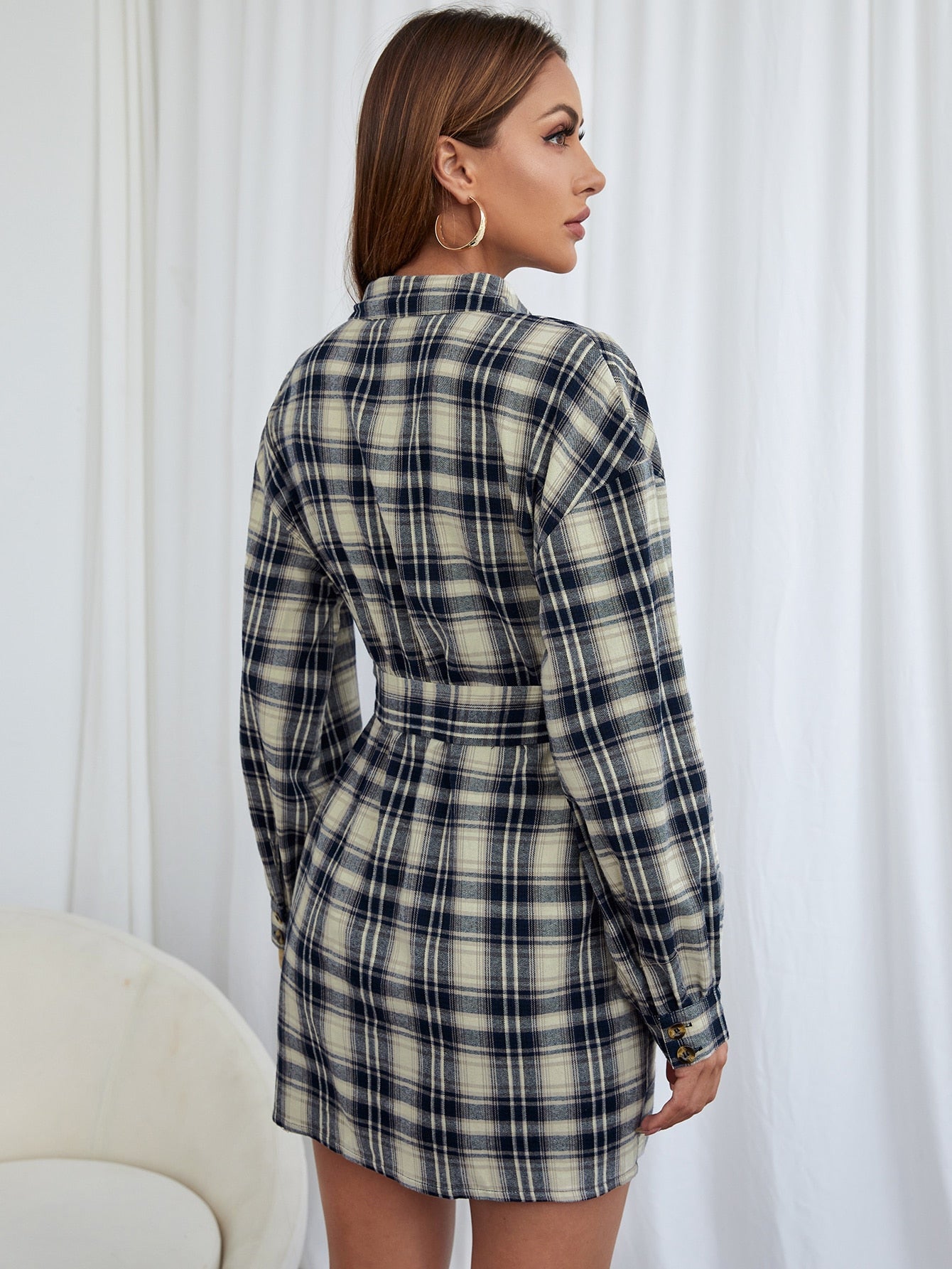 Tartan Button Up Belted Shirt Dress