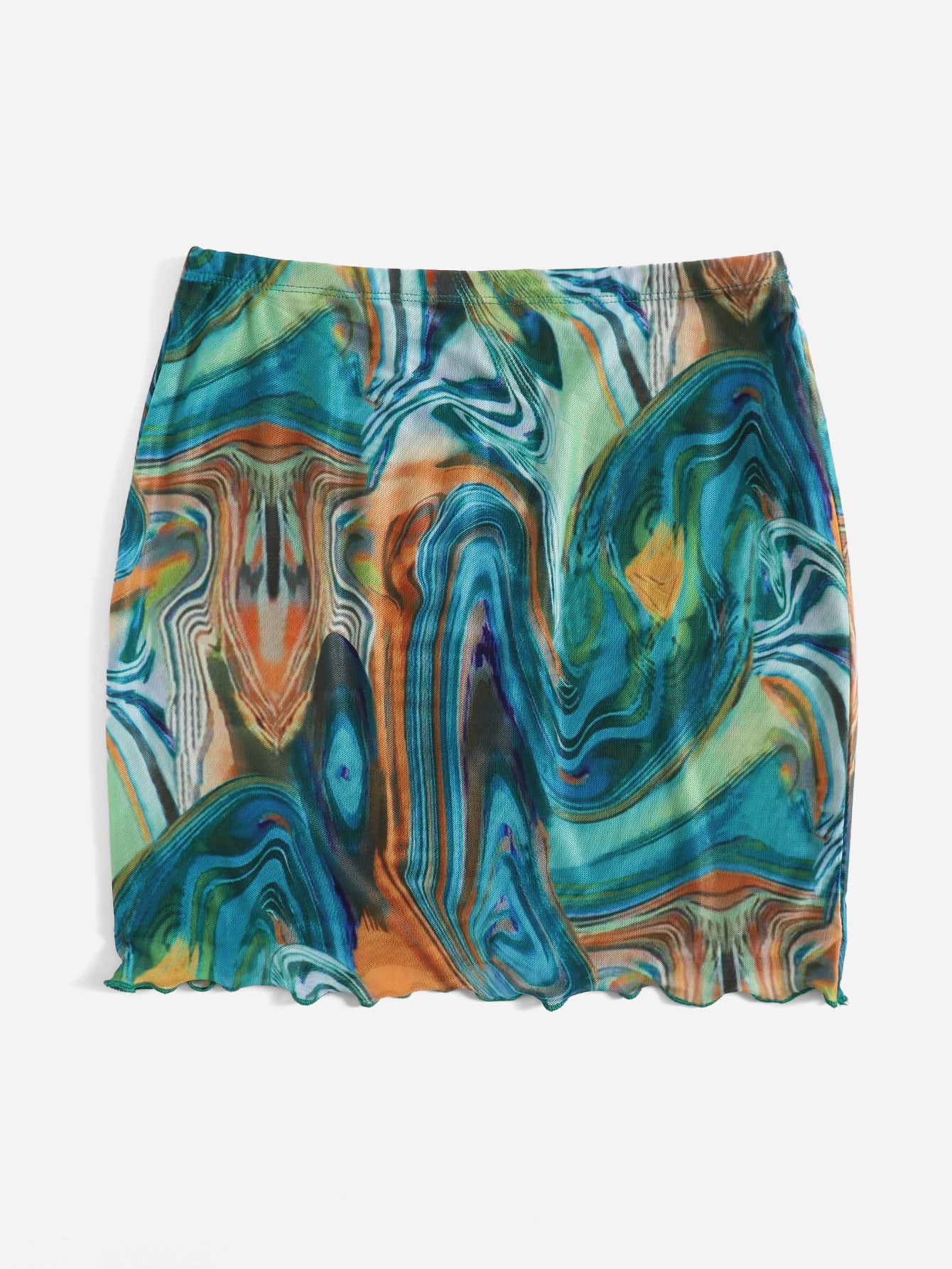 Marble Print Lettuce Trim Mesh Mini Skirt
