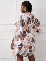 Plus Plants Print Batwing Sleeve Wrap Hem Dress