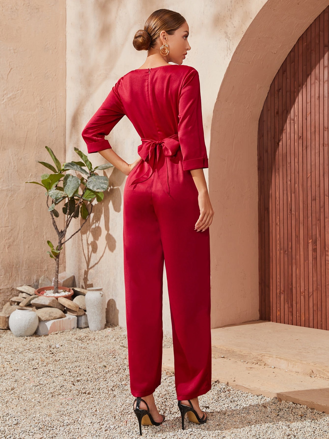 Notch Neck Tie Back Satin Jumpsuit