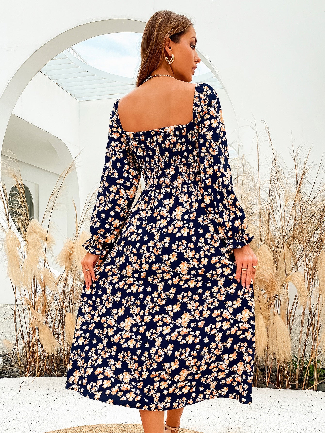 Allover Floral Shirred Bodice Dress