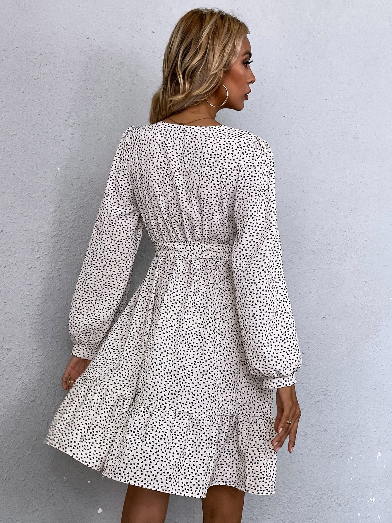 Allover Heart Print Ruffle Hem Belted A-line Dress