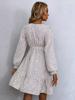 Allover Heart Print Ruffle Hem Belted A-line Dress