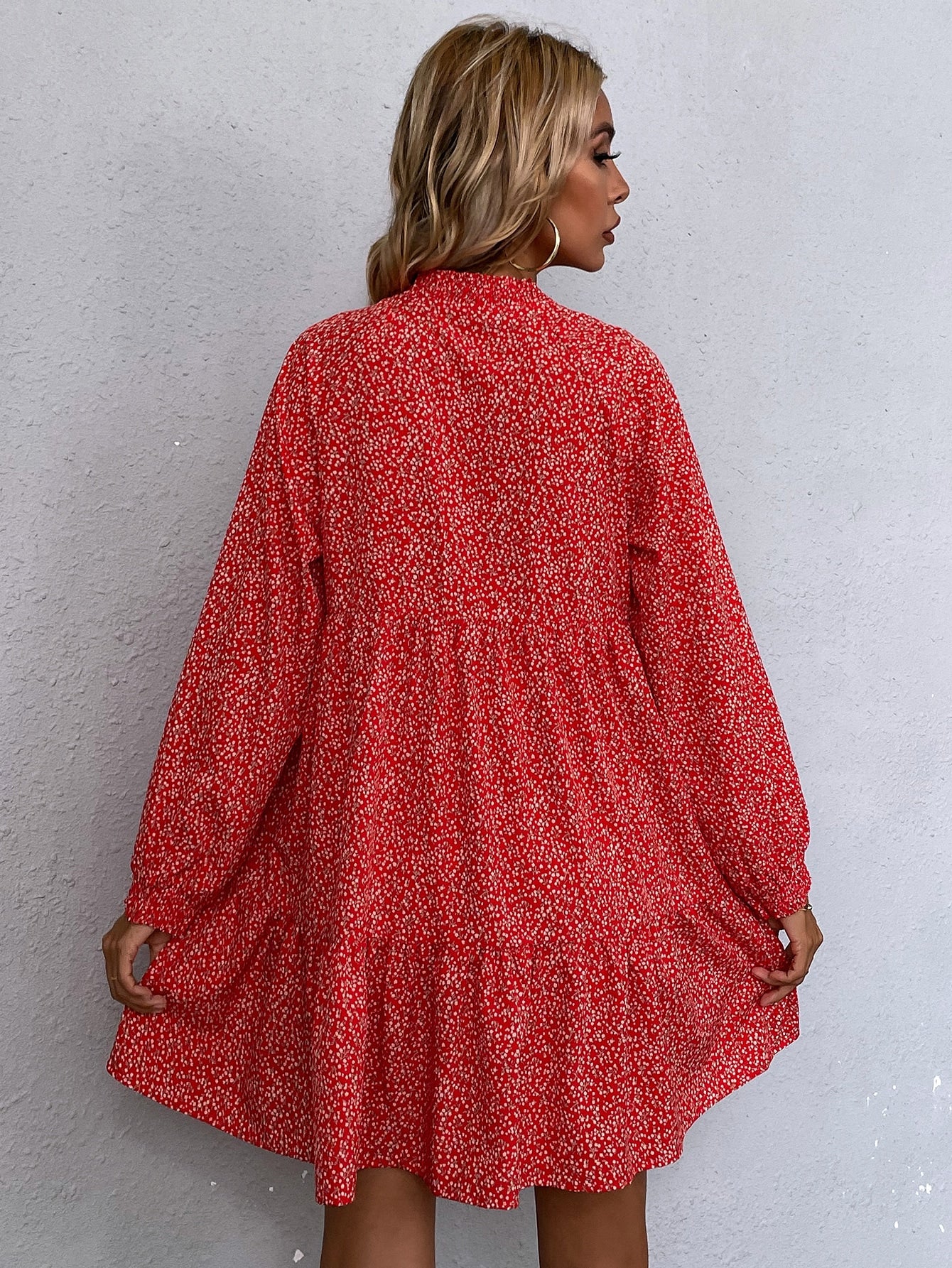 Ditsy Floral Tie Neck Ruffle Hem Smock Dress