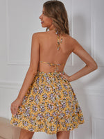 Floral Print Tied Backless Ruffle Hem Dress