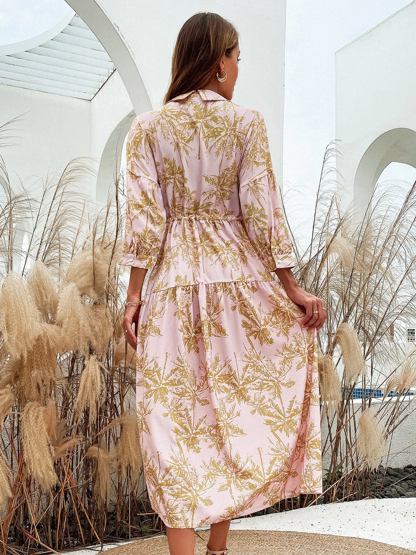 Palm Print Lapel Neck Dress