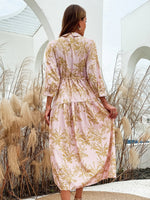 Palm Print Lapel Neck Dress