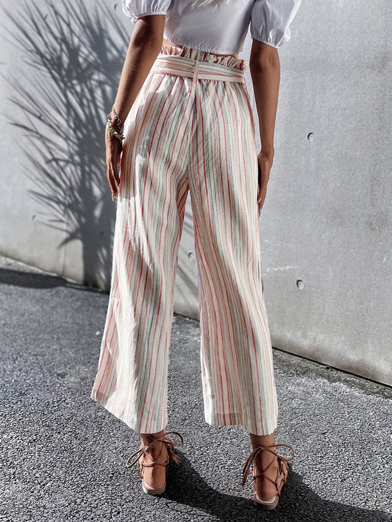 Striped Paperbag Waist Belted Pants
