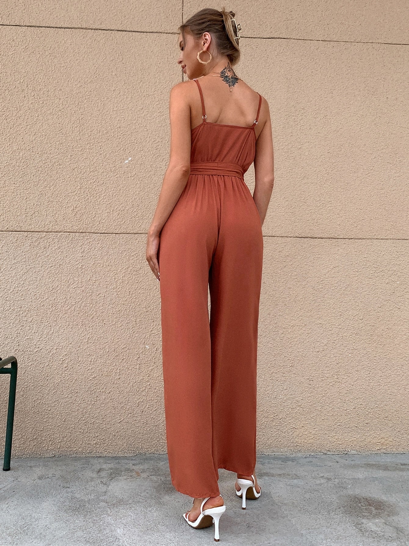 Solid Belted Wide Leg Cami Jumpsuit