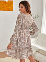 V Neck Dalmatian Print Ruffle Hem Dress