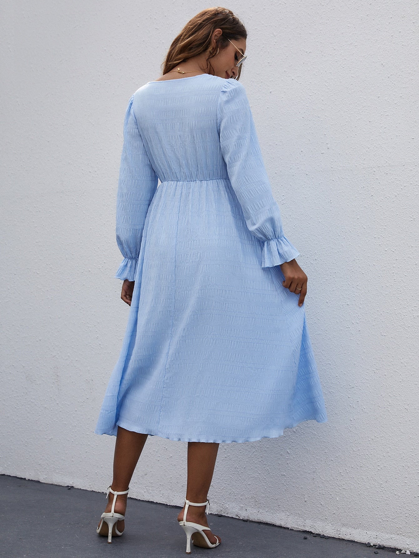V Neck Flounce Sleeve A-Line Dress Without Belt