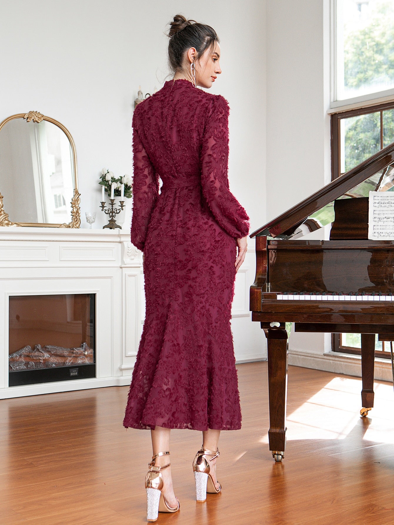 Stand Neck Belted Fuzzy Dress